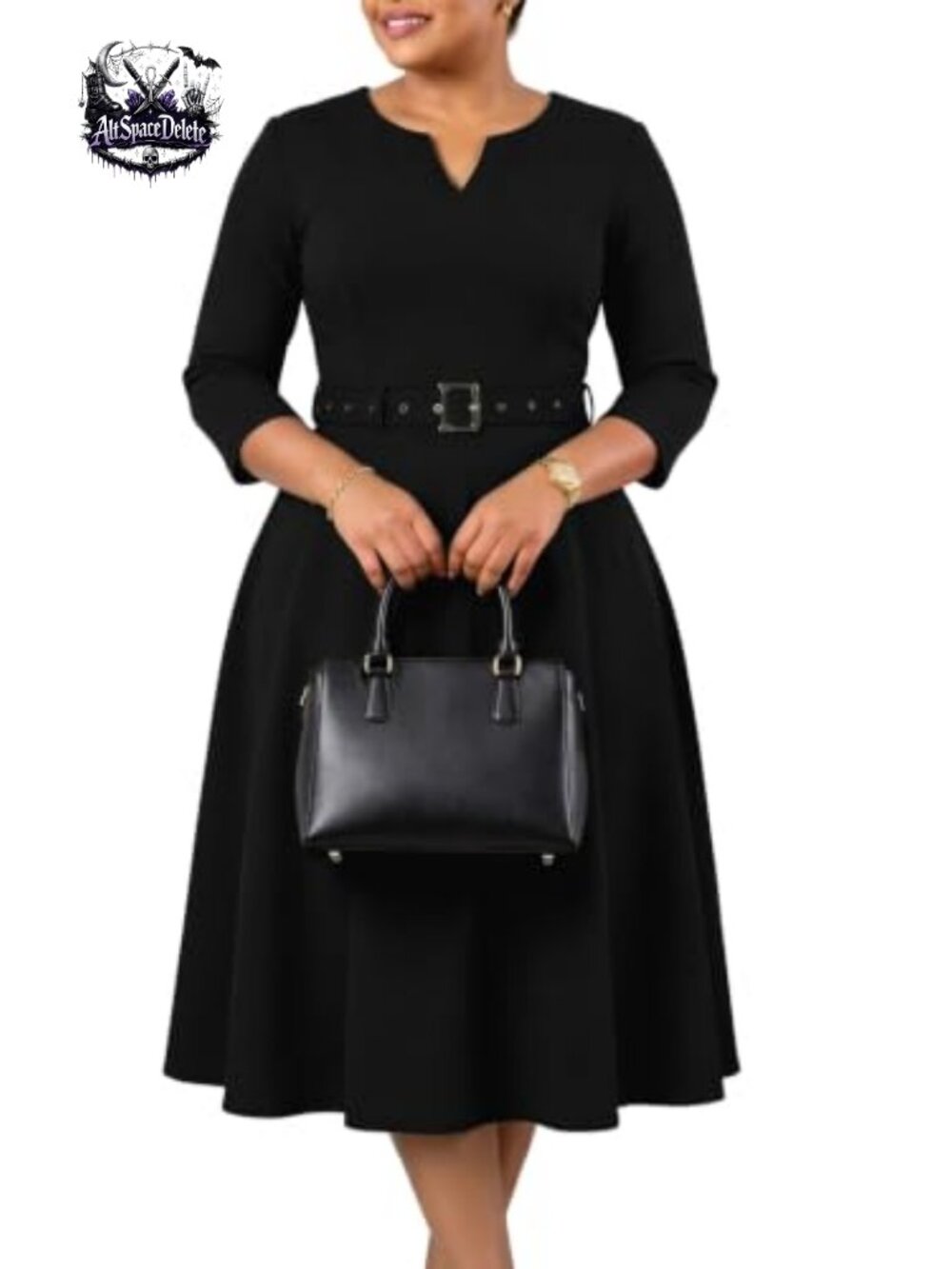 Women A-Line Midi Dress 3/4 Sleeve V-Neck Fit Flare Pockets Belt Business Casual